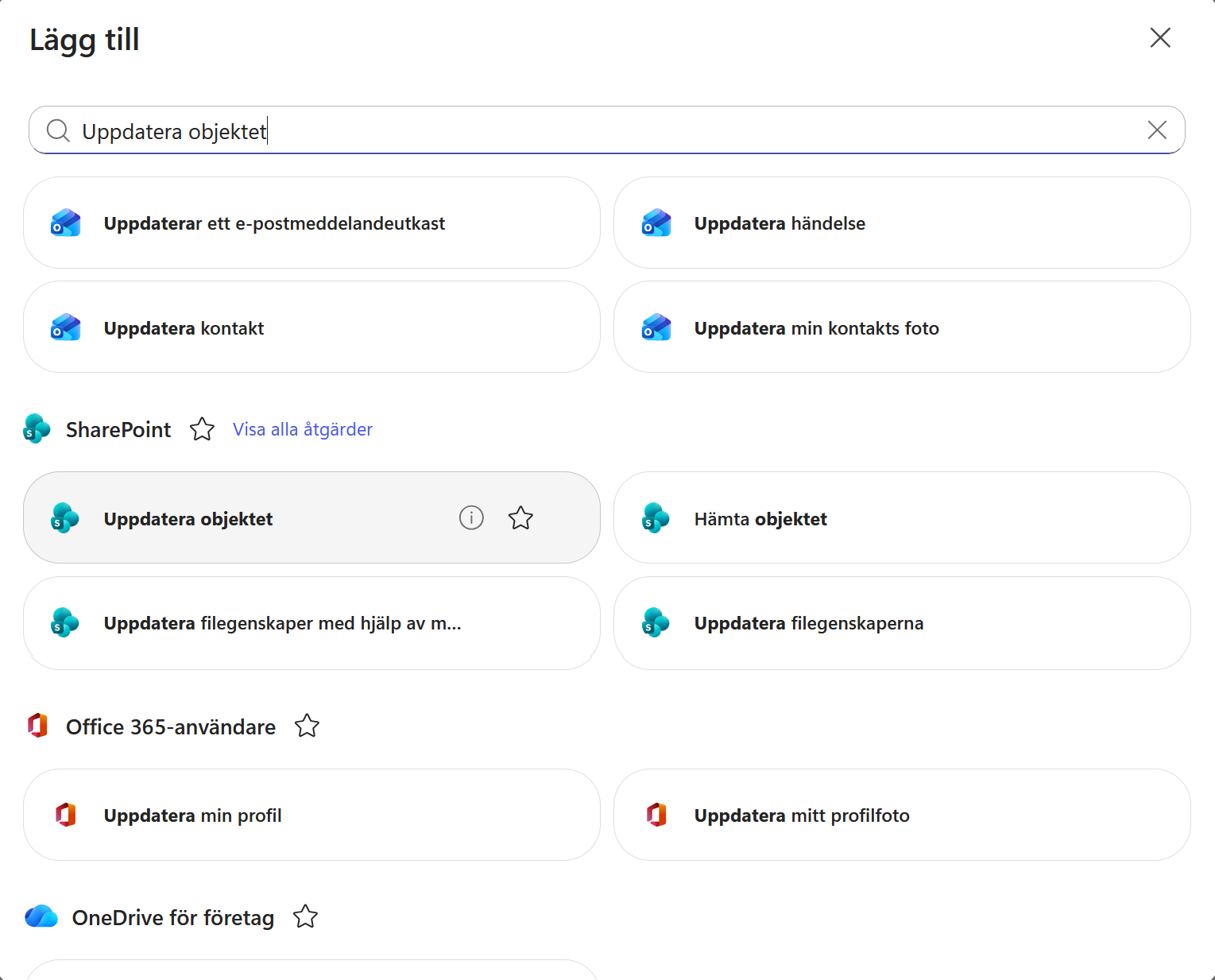 SharePoint-åtgärden Uppdatera objektet väljs
