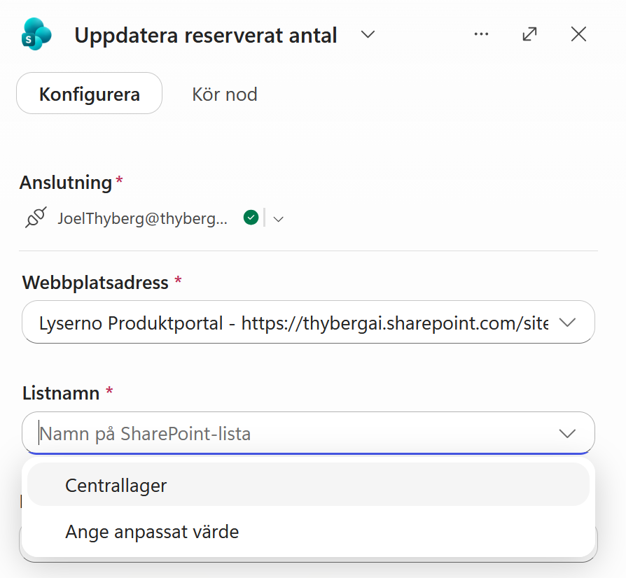 Webbplatsen och listan Centrallager är valda