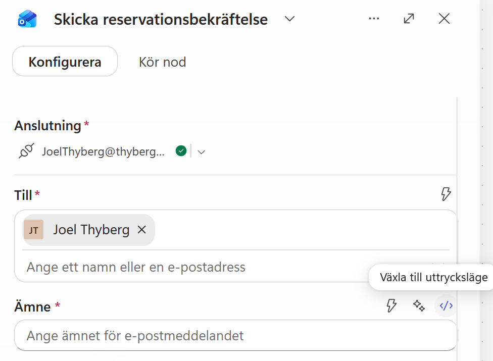 Mottagaren är vald och ämnesfältet är redo