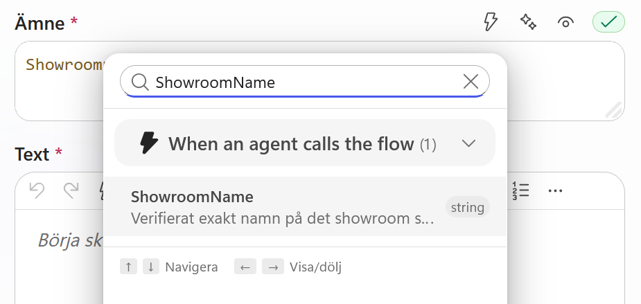 ShowroomName väljs för mejlets ämne