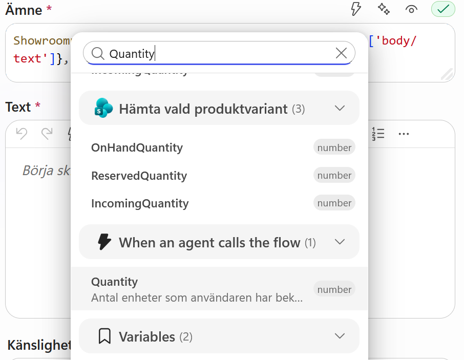 Quantity väljs för mejlets ämne