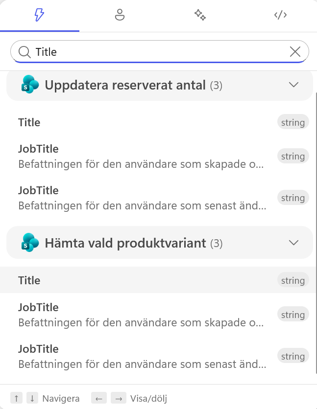 Title väljs från Hämta vald produktvariant
