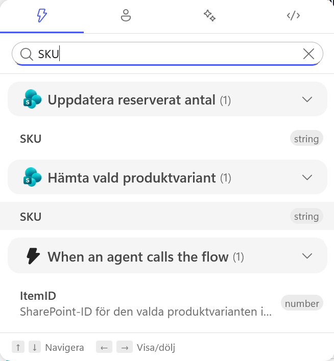 SKU väljs från Hämta vald produktvariant