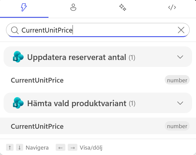 CurrentUnitPrice väljs från Hämta vald produktvariant