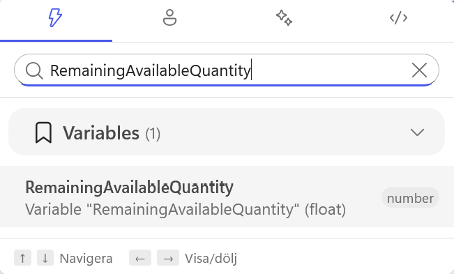 RemainingAvailableQuantity väljs från Variables