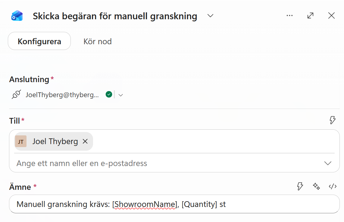 Mottagaren är vald och ämnet innehåller platshållare
