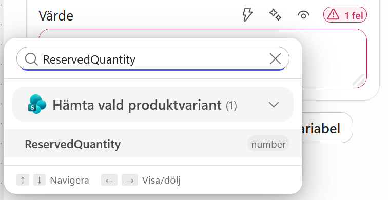 ReservedQuantity väljs från Hämta vald produktvariant