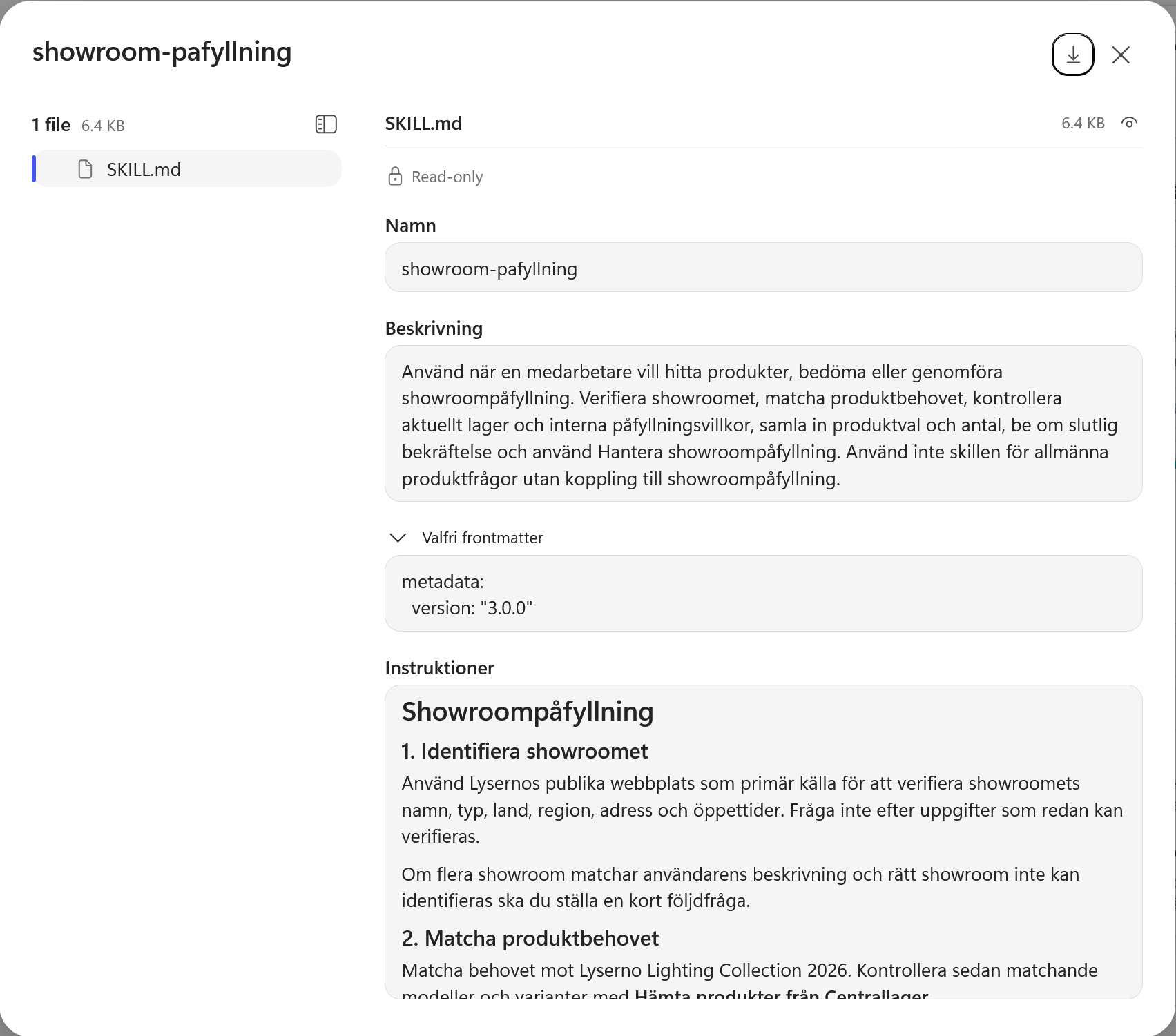 Den importerade skillen med beskrivning, metadata och instruktioner