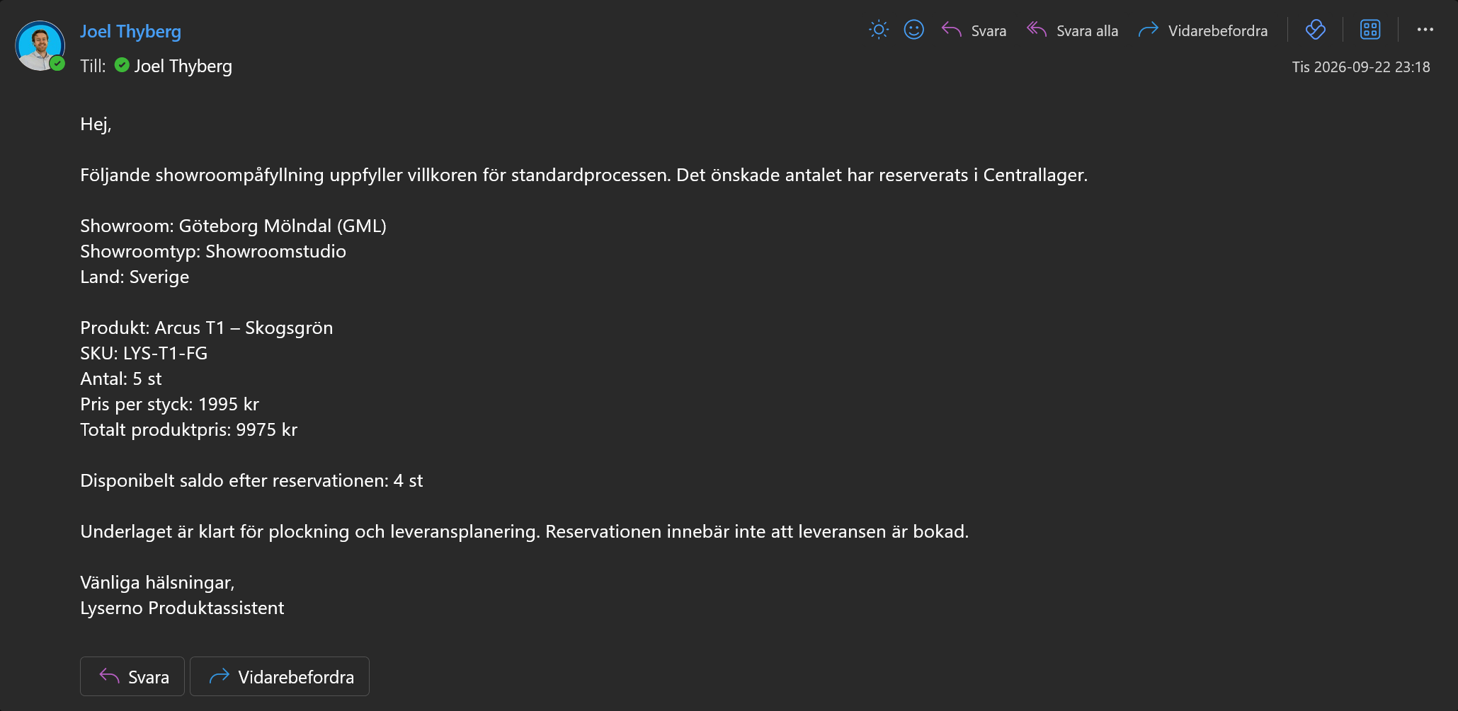 Bekräftelsemejlet efter den genomförda reservationen