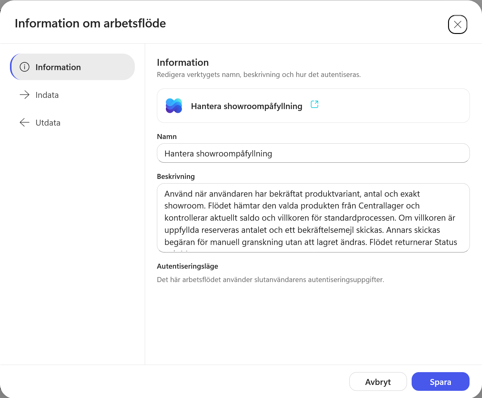 Arbetsflödesverktygets namn och beskrivning
