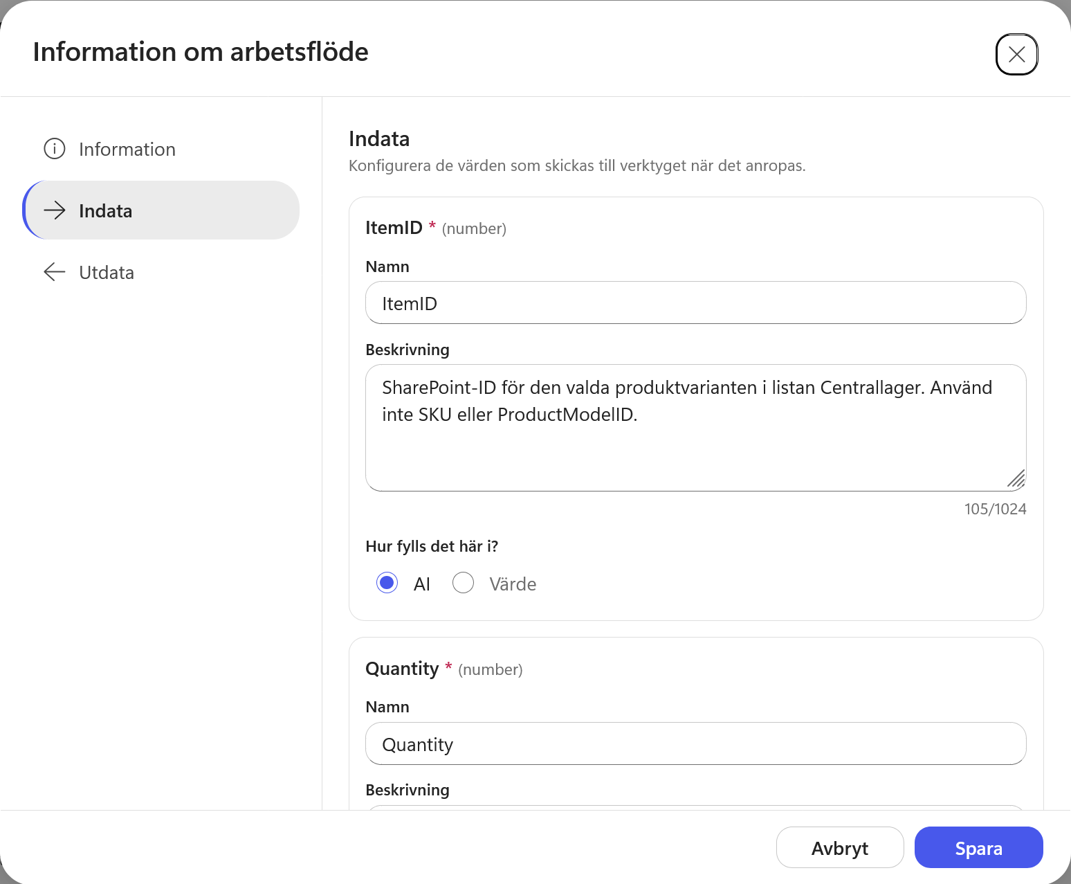 ItemID och övriga indata har namn, beskrivningar och fylls med AI