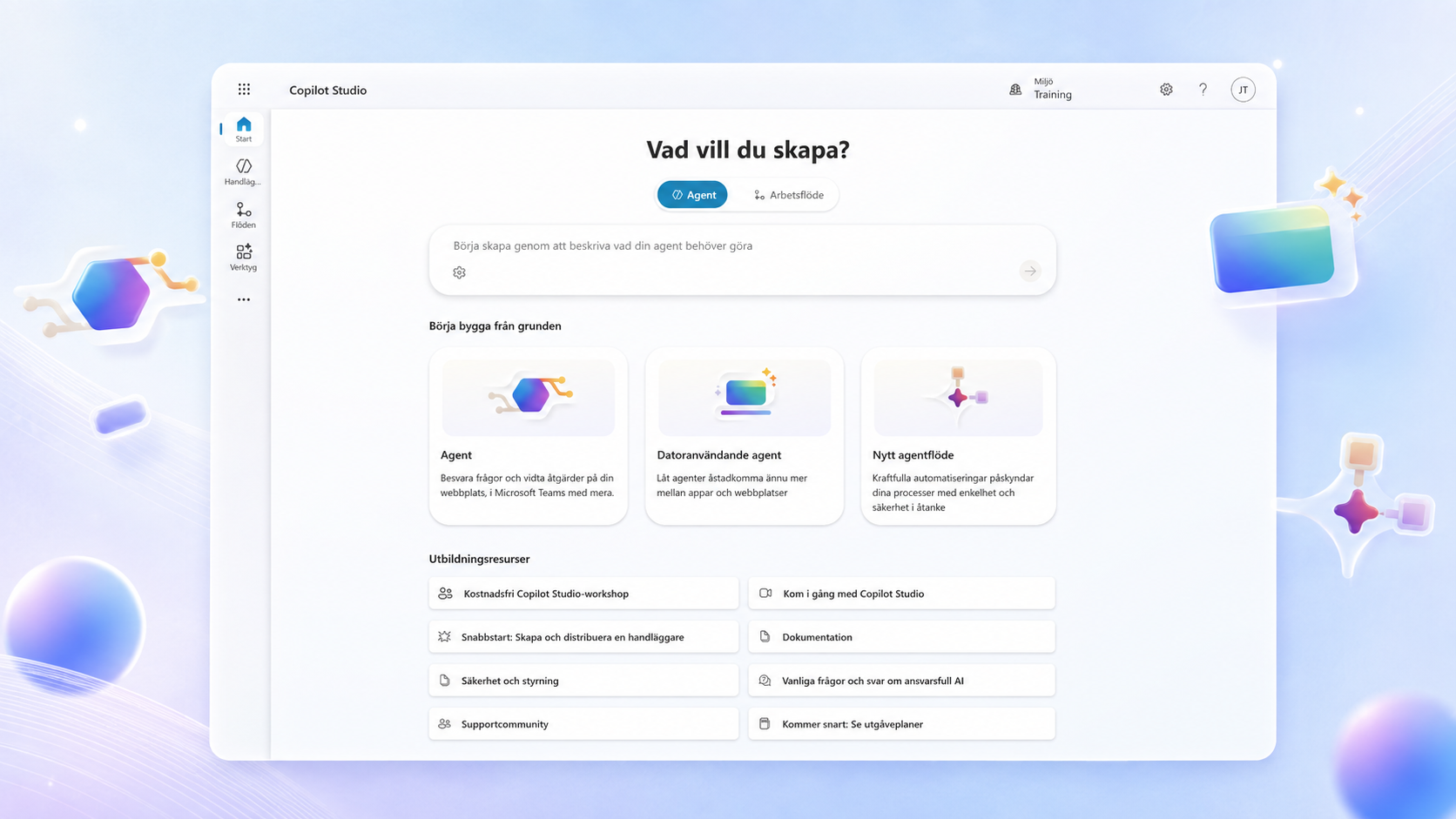 Startsidan i Copilot Studio med valet mellan agent och arbetsflöde