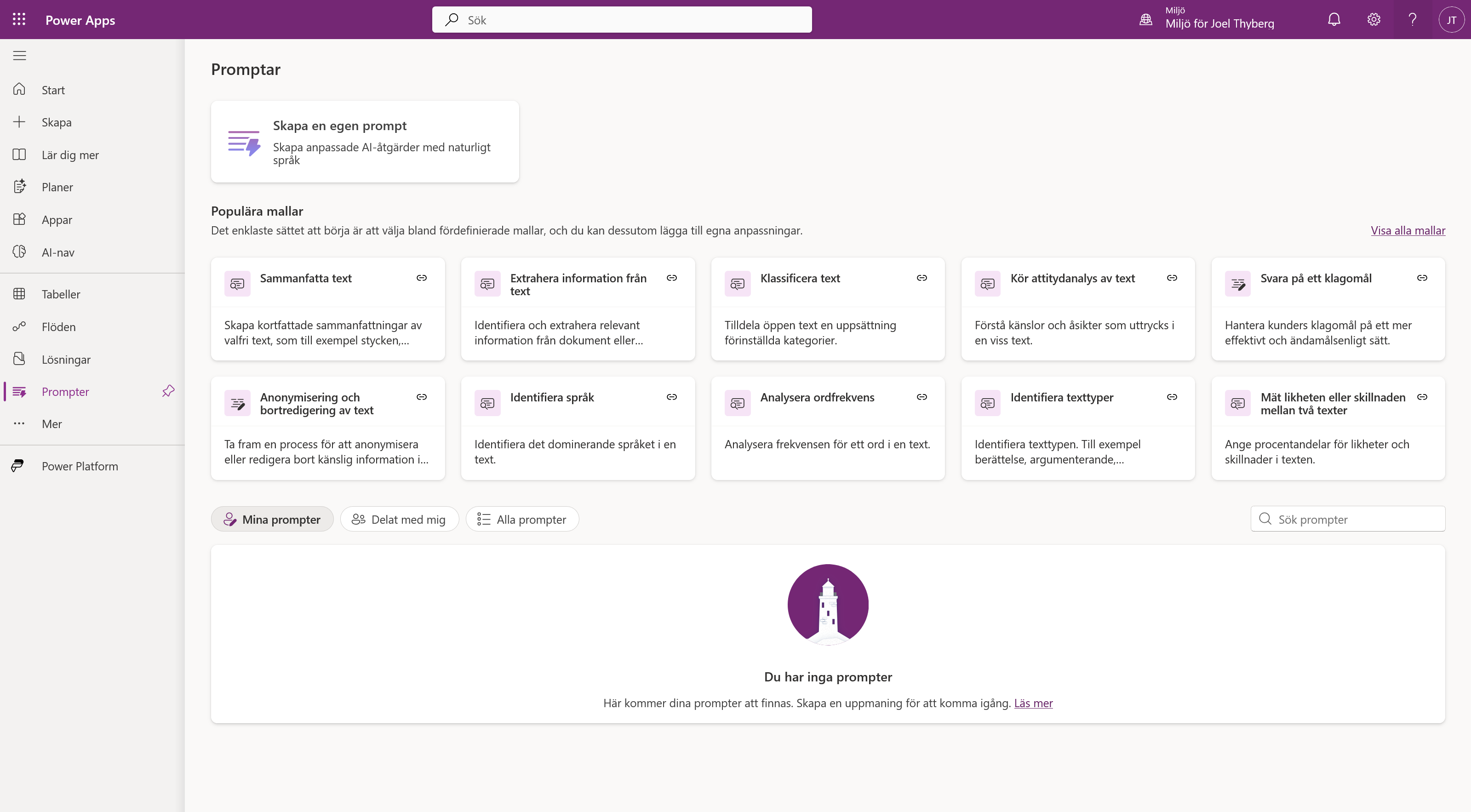 Sidan Promptar med knappen Skapa en egen prompt och färdiga mallar