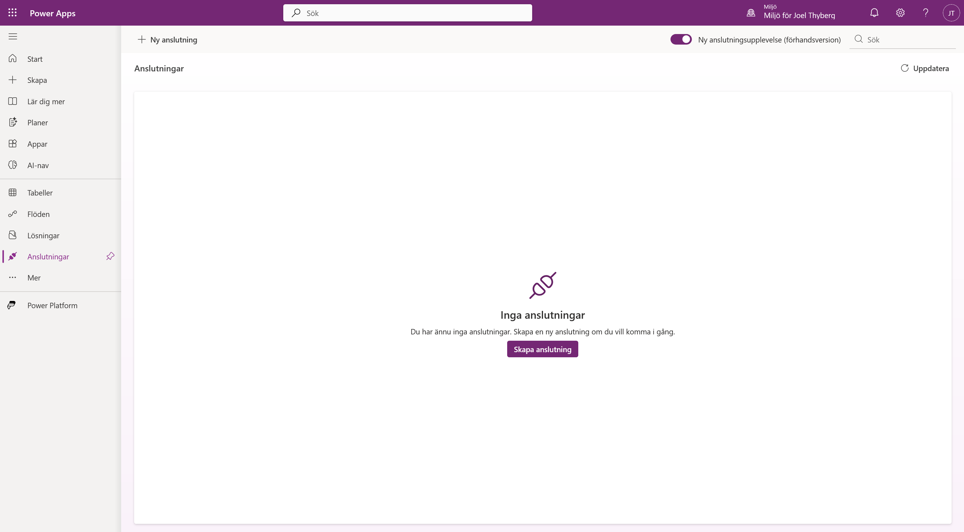 Sidan Anslutningar i Power Apps