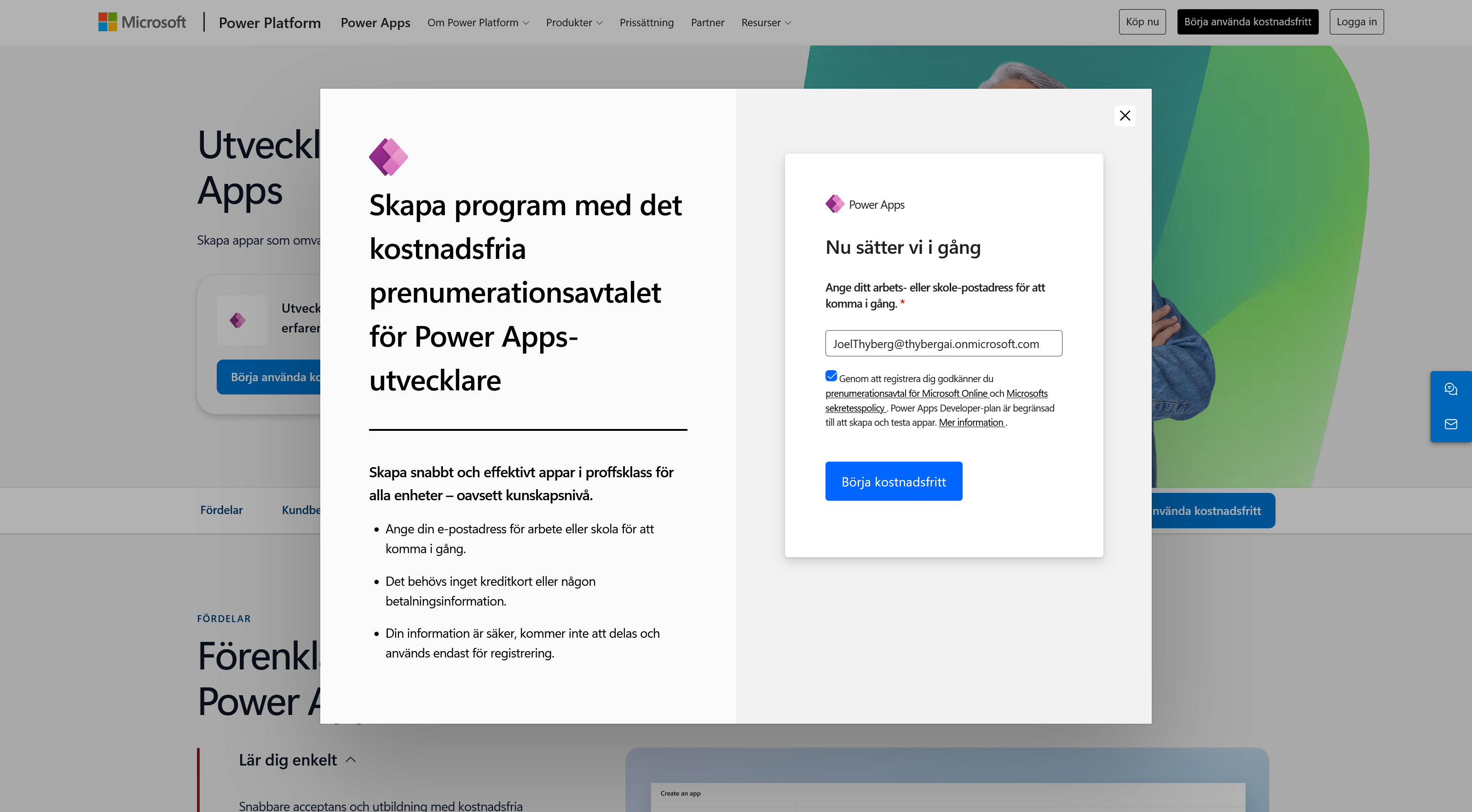 Registreringsfönstret för Power Apps Developer Plan