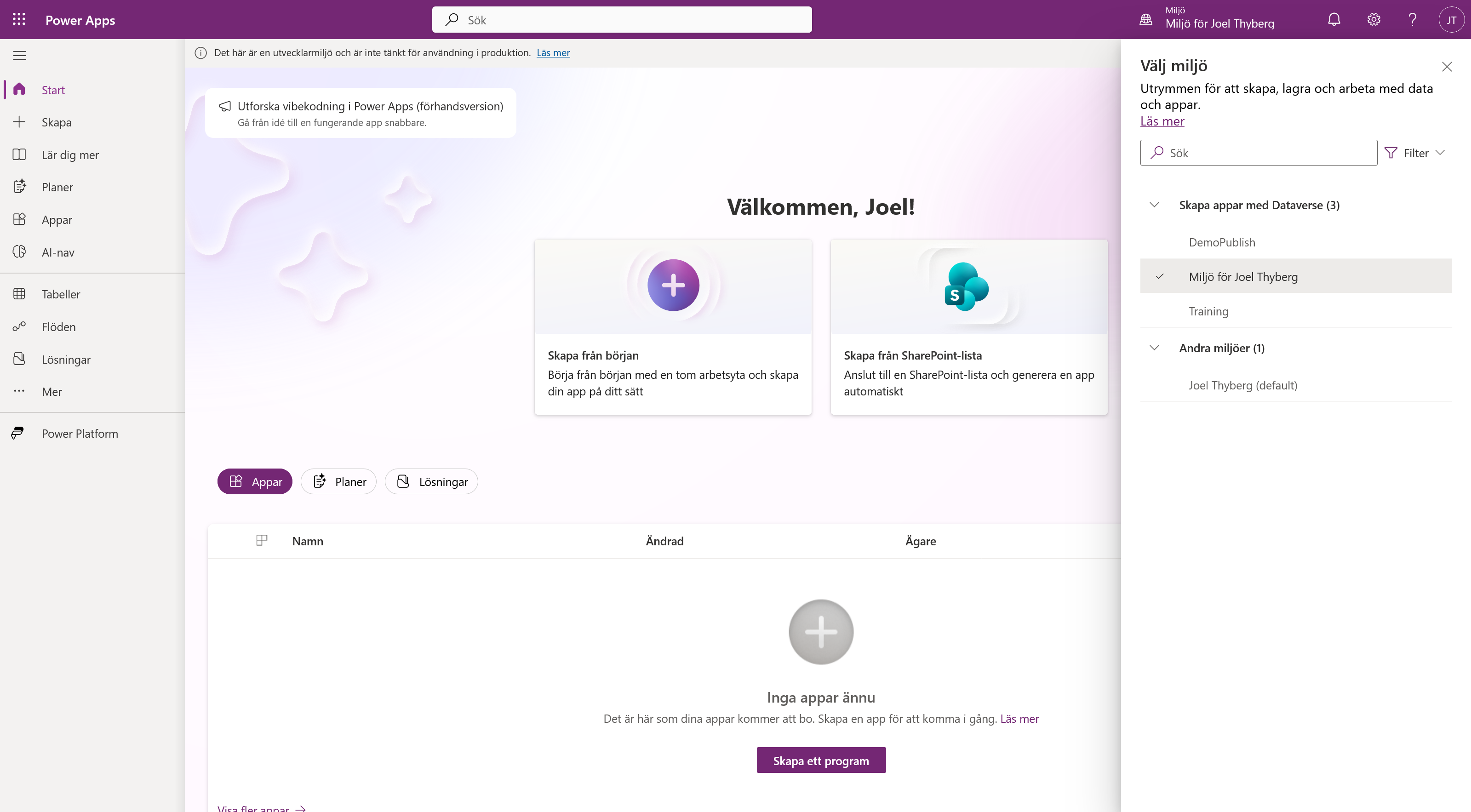 Miljöväljaren i Power Apps med utvecklingsmiljön vald