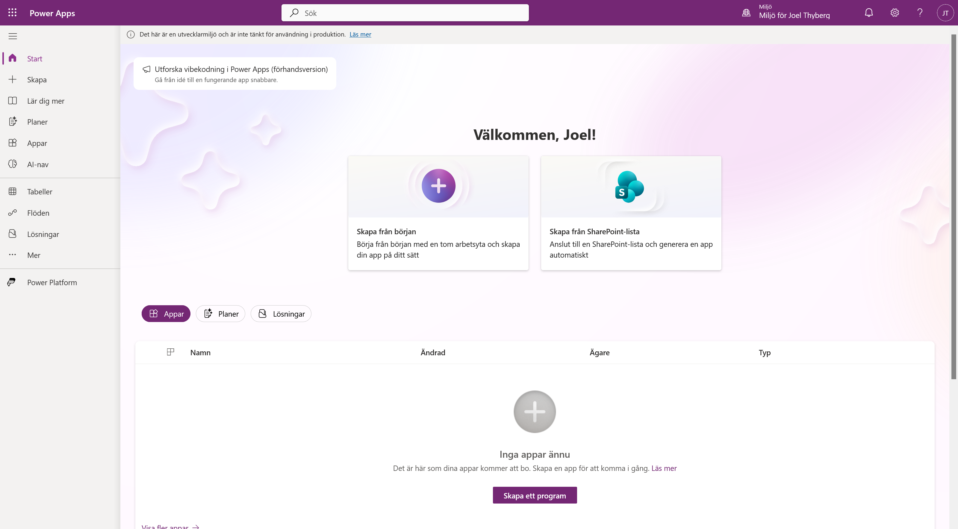 Vänstermenyn i Power Apps med AI-nav markerat