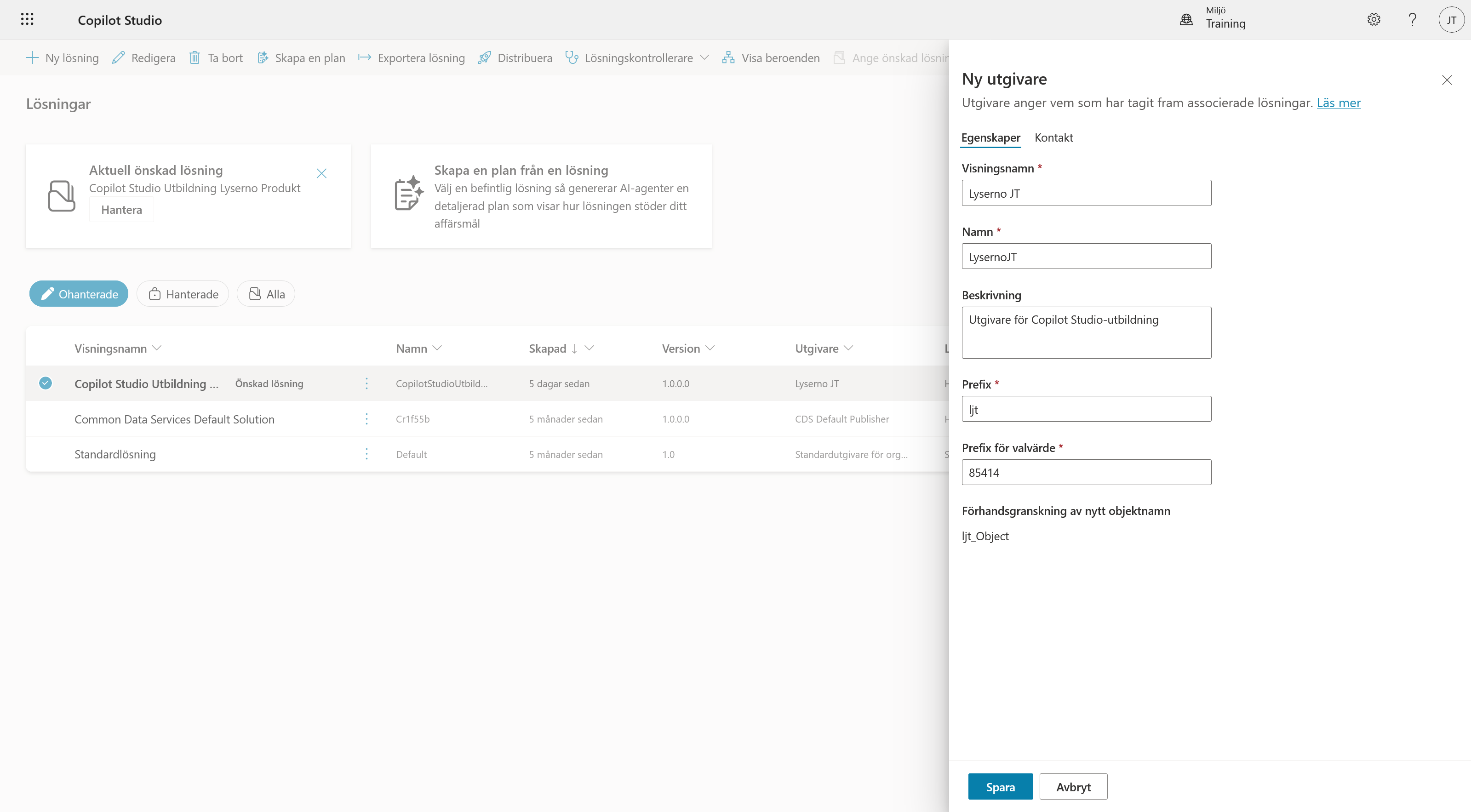 Panelen Ny utgivare med visningsnamn, beskrivning och prefix ifyllda