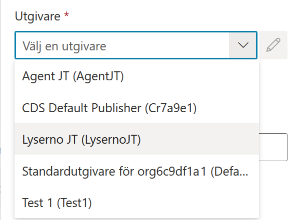 Utgivarlistan med tillgängliga utgivare