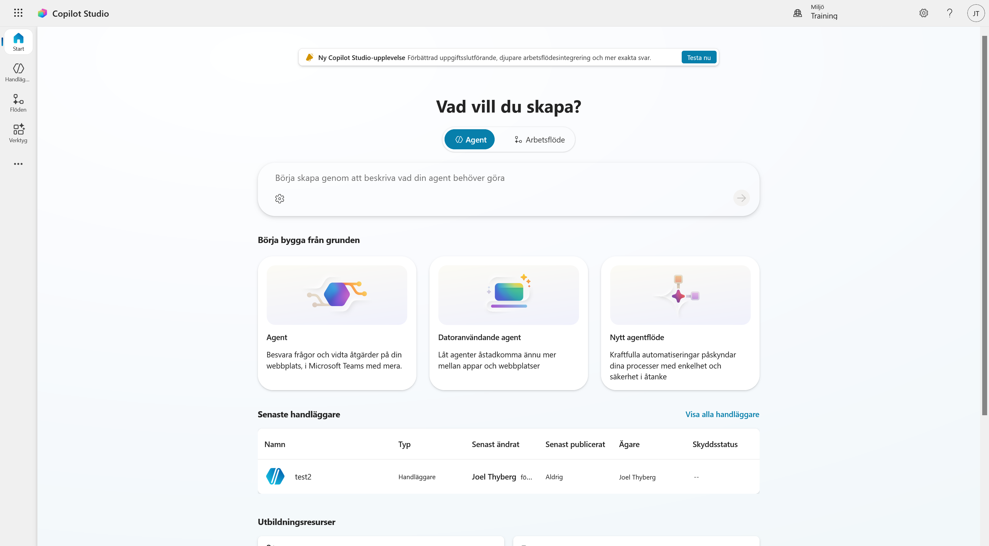 Startsidan i Copilot Studio med kortet Agent under Börja bygga från grunden