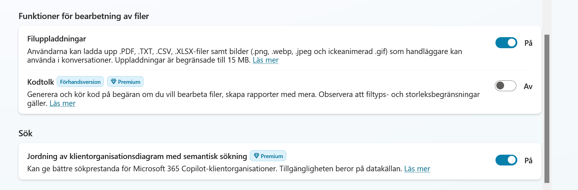 Inställningen Filuppladdningar påslagen