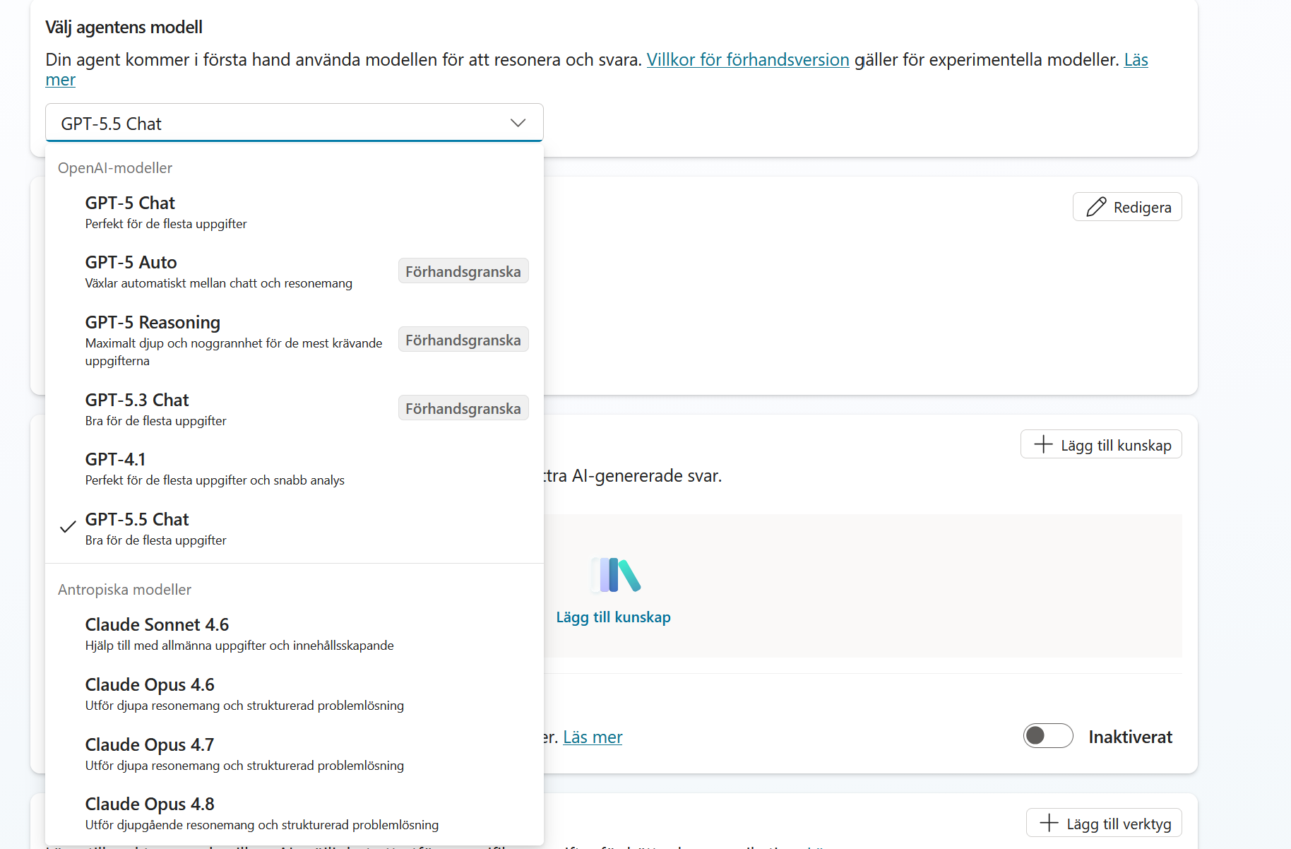 Modellistan med OpenAI-modeller och modeller från Anthropic