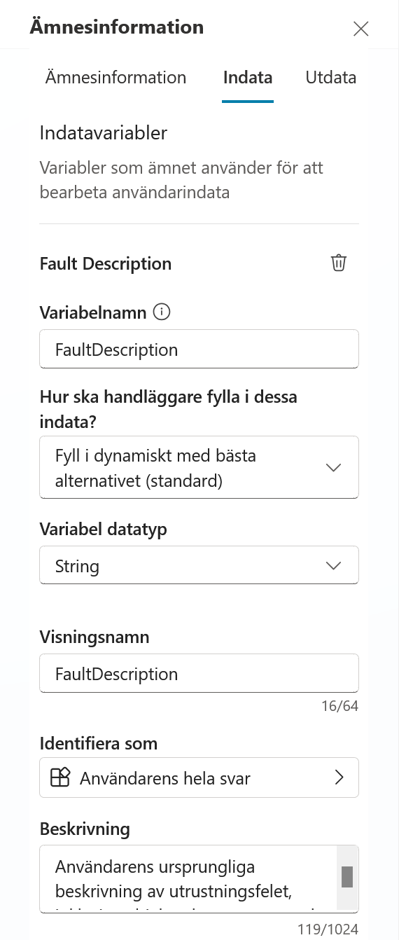 Indatavariabeln FaultDescription med typ och beskrivning