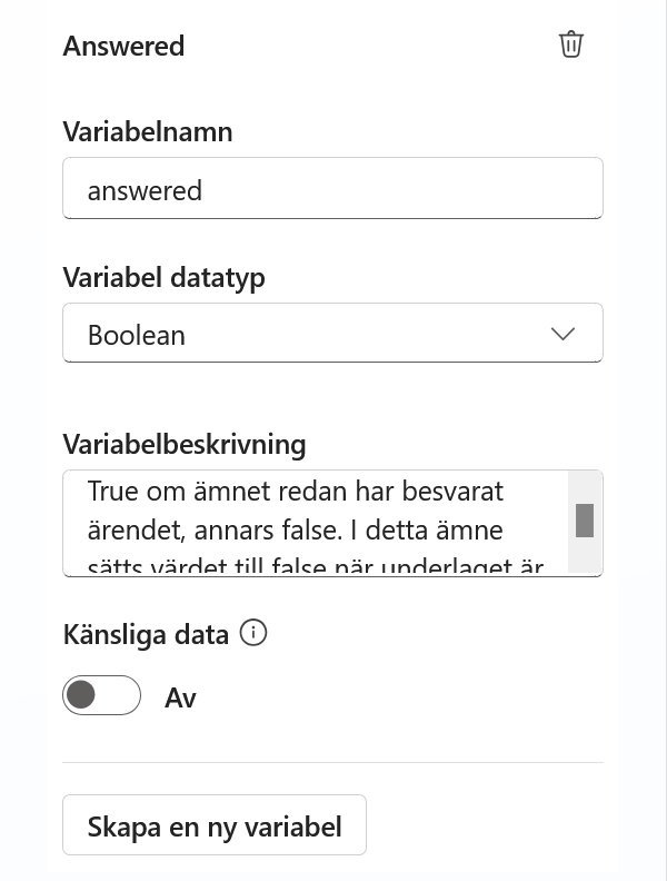 Utdatavariabeln answered med typen Boolean