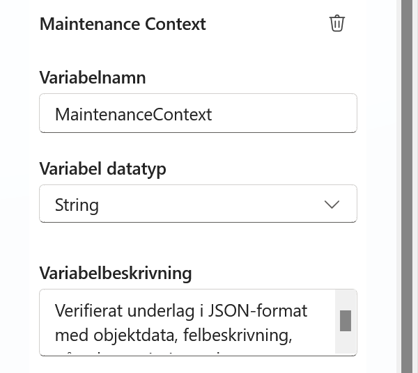 Utdatavariabeln MaintenanceContext med typen String