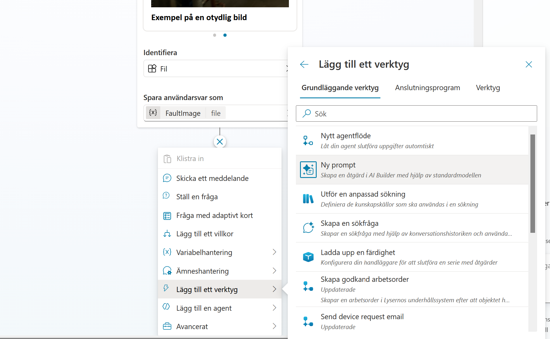 Menyn Lägg till ett verktyg med valet Ny prompt