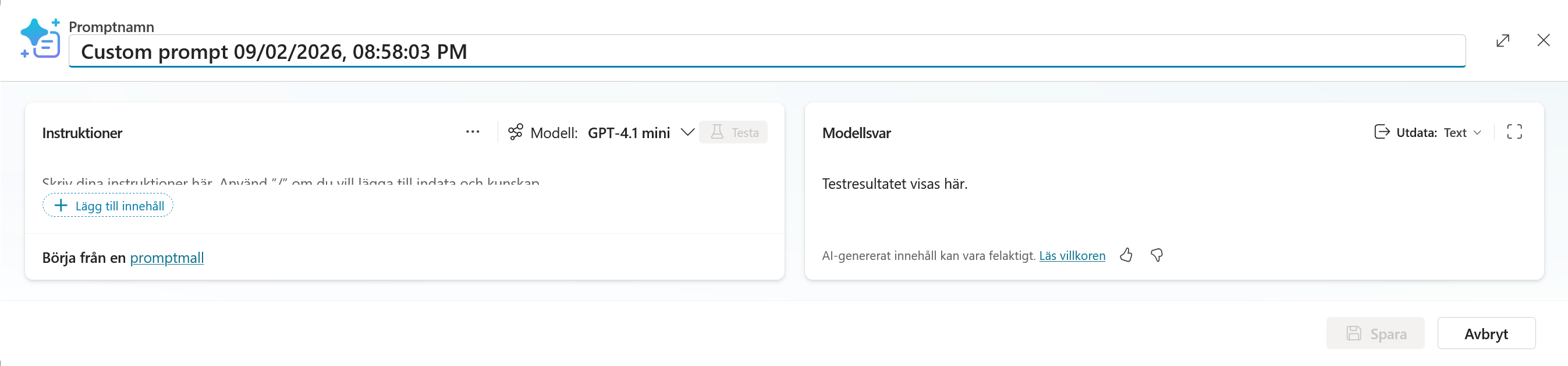 Promptbyggaren direkt efter att den har öppnats