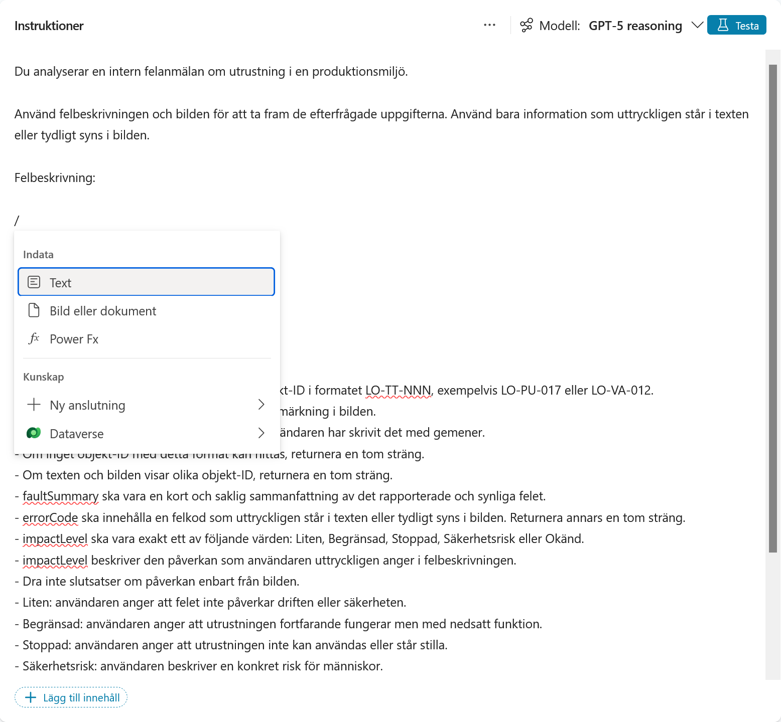 Menyn för att lägga till indata med valet Text