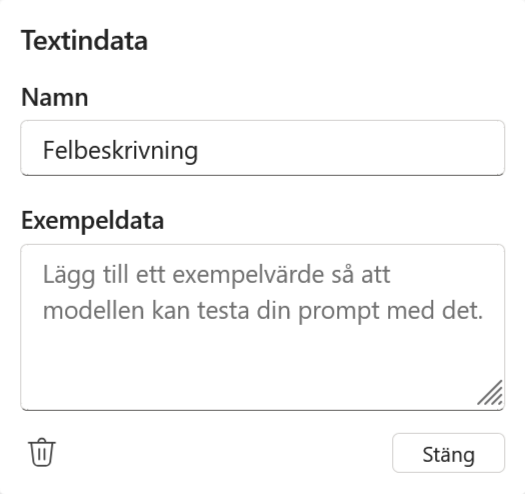 Textindatan Felbeskrivning med namn och exempeldata