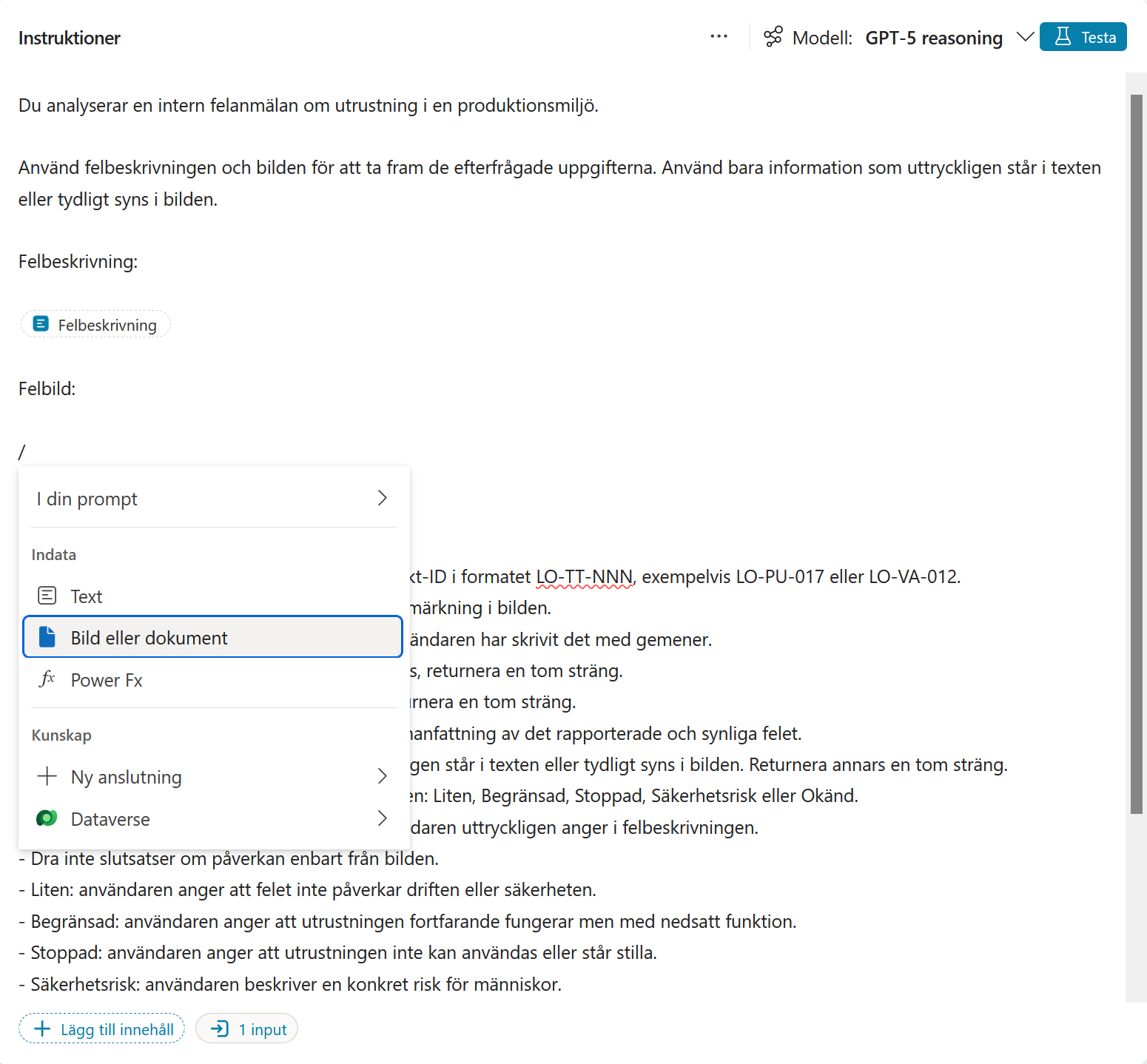 Menyn för att lägga till indata med valet Bild eller dokument