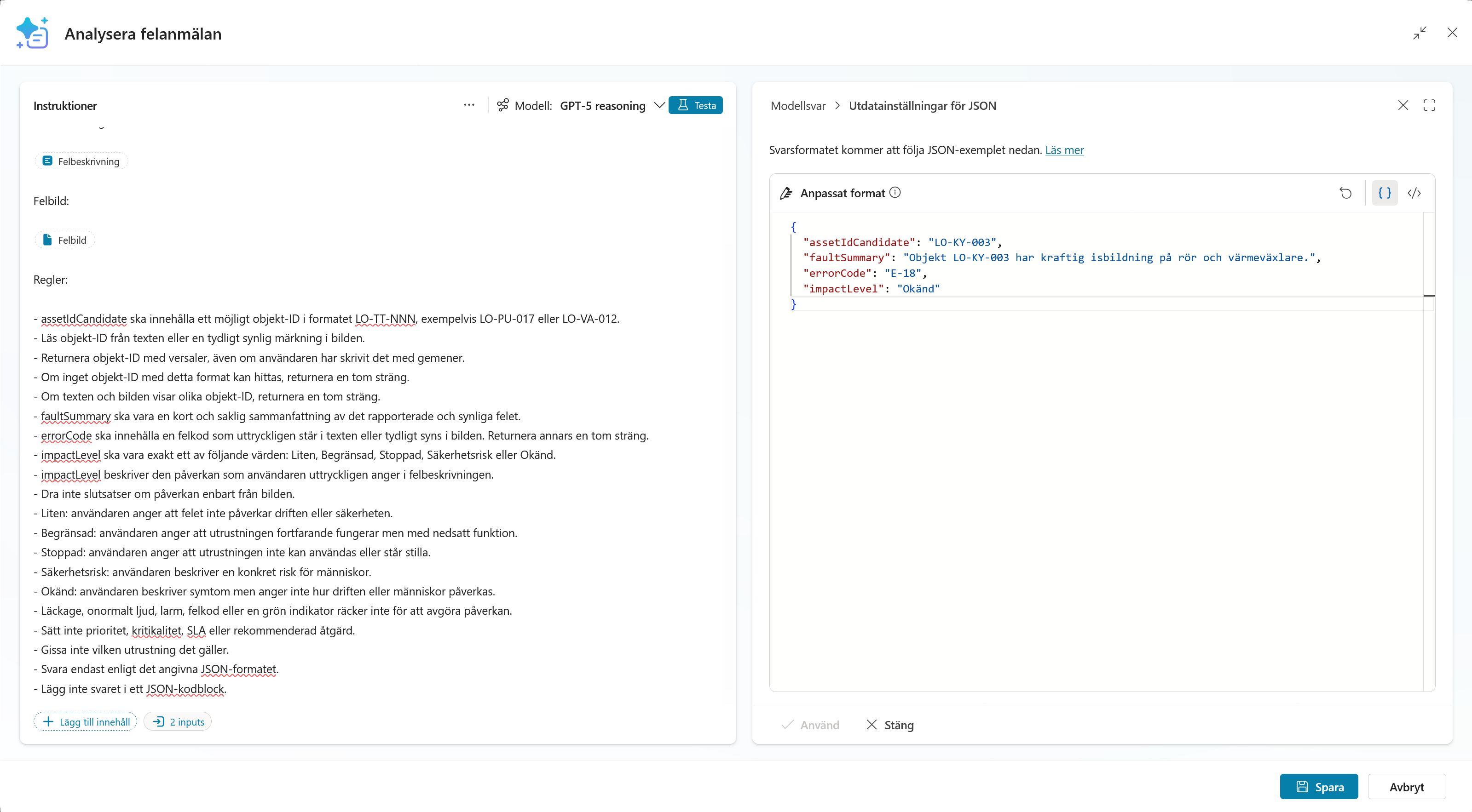 Den färdiga prompten med instruktioner, två indata och anpassat JSON-format