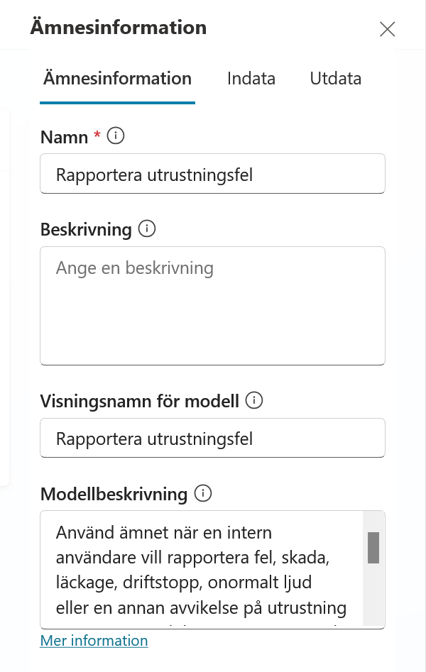 Detaljer med ämnets namn och modellbeskrivning