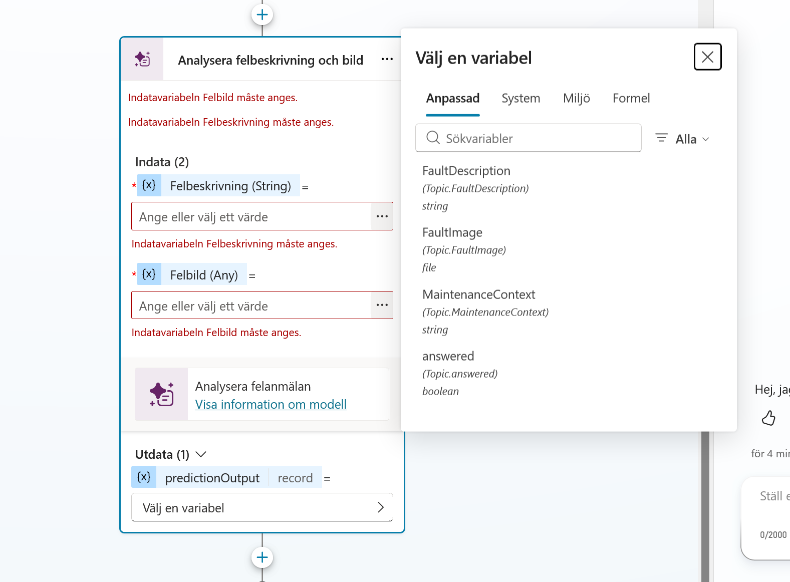 Variabelväljaren öppen för promptens indata