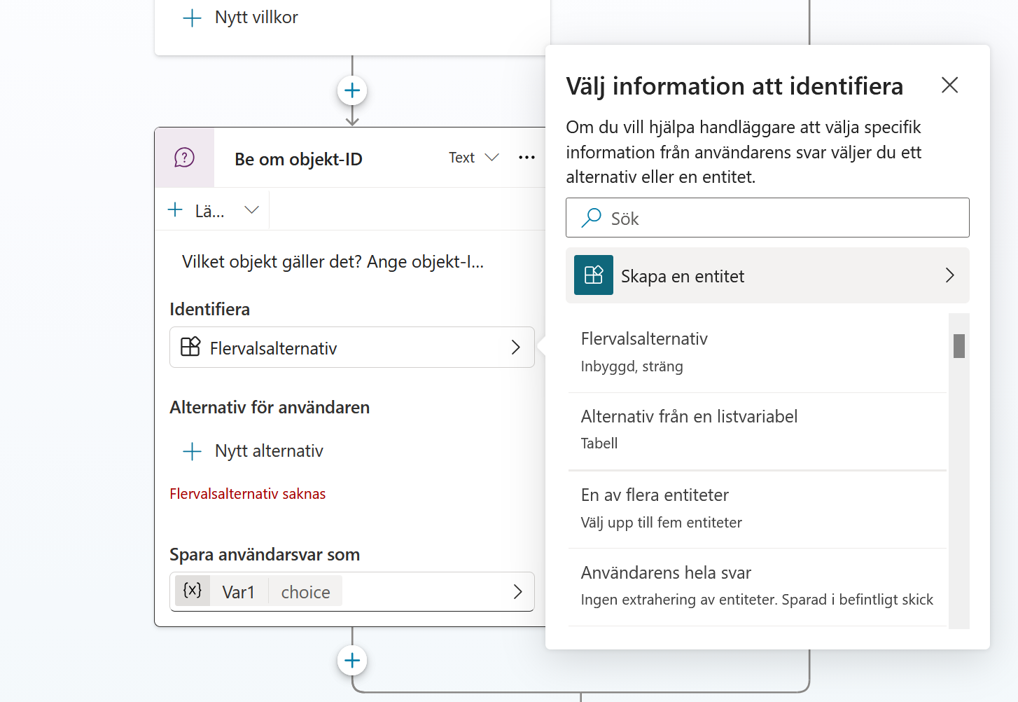 Panelen Välj information att identifiera med valet Skapa en entitet