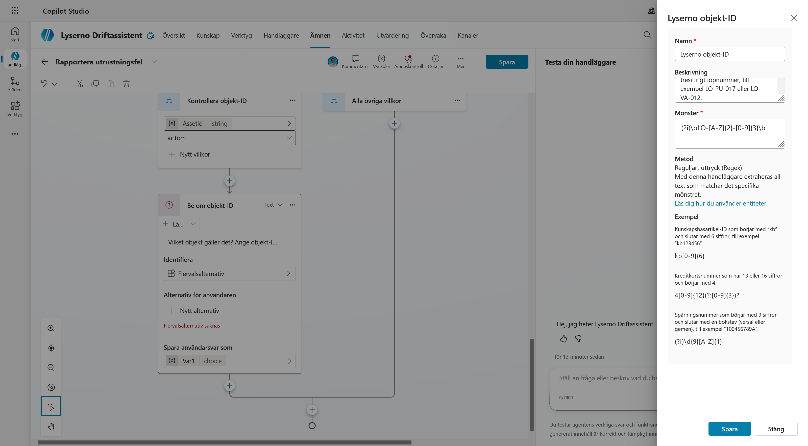 Entiteten Lyserno objekt-ID med beskrivning och regex