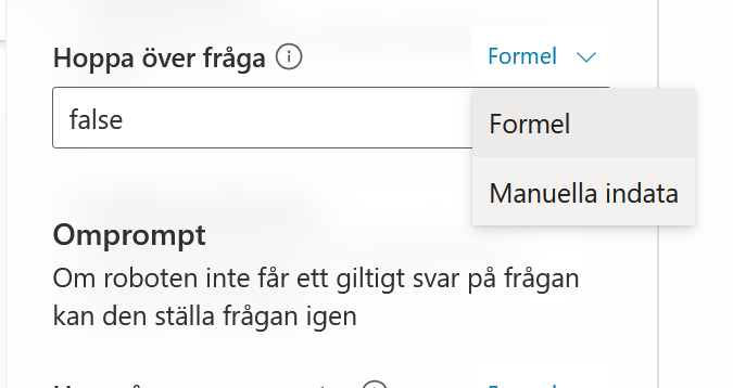 Frågebeteendet med Manuella indata valt