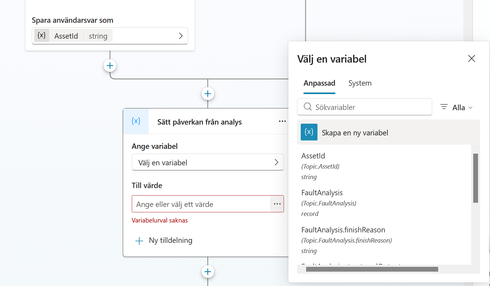 Variabelväljaren med valet Skapa en ny variabel