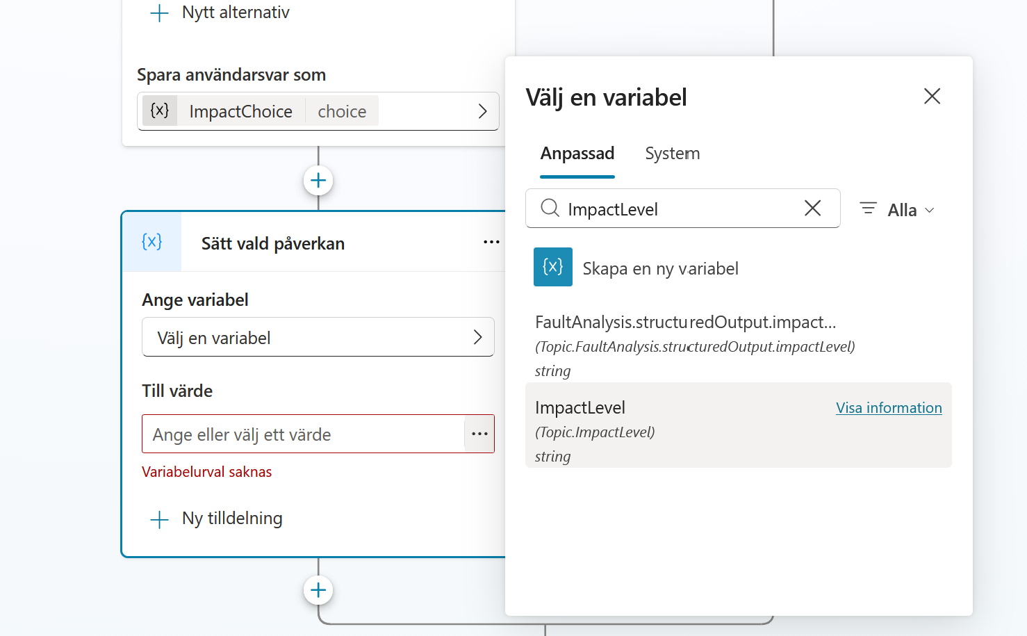 Variabelväljaren med ImpactLevel och promptens fält bredvid varandra