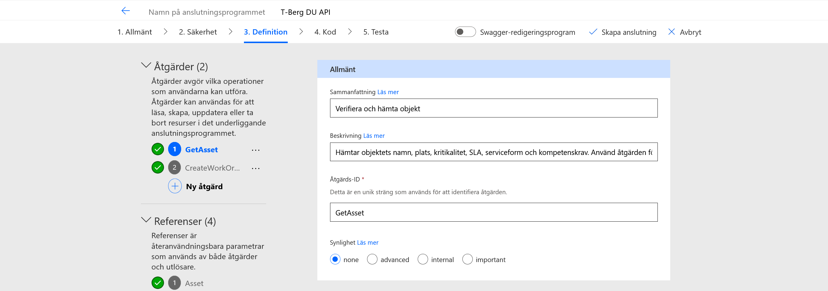 GetAsset med sammanfattning, beskrivning och åtgärds-ID