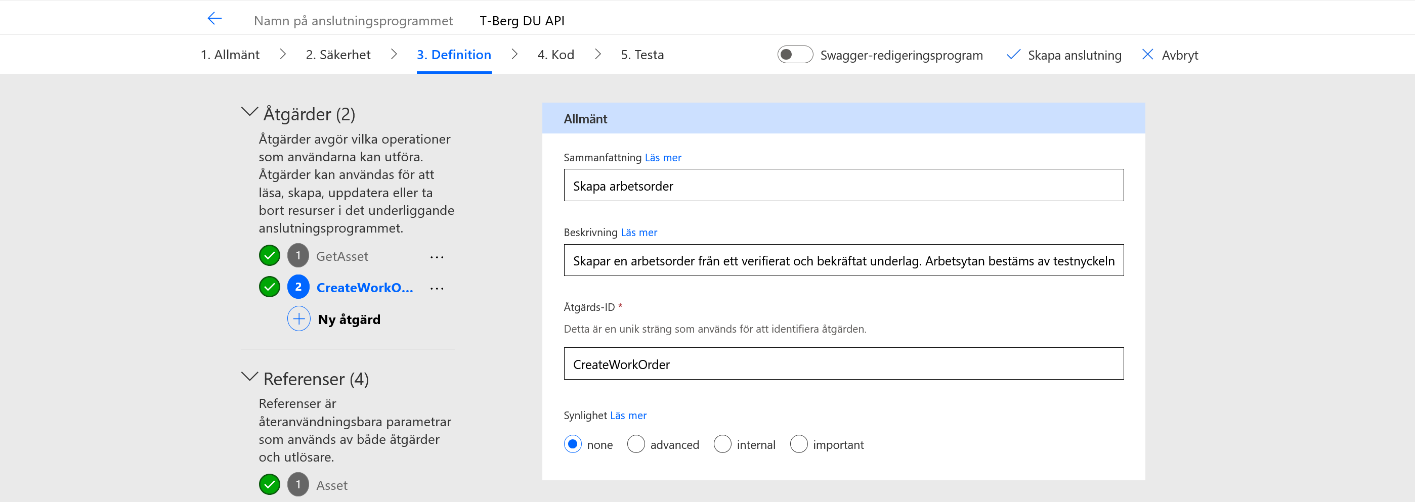 CreateWorkOrder med sammanfattning, beskrivning och åtgärds-ID
