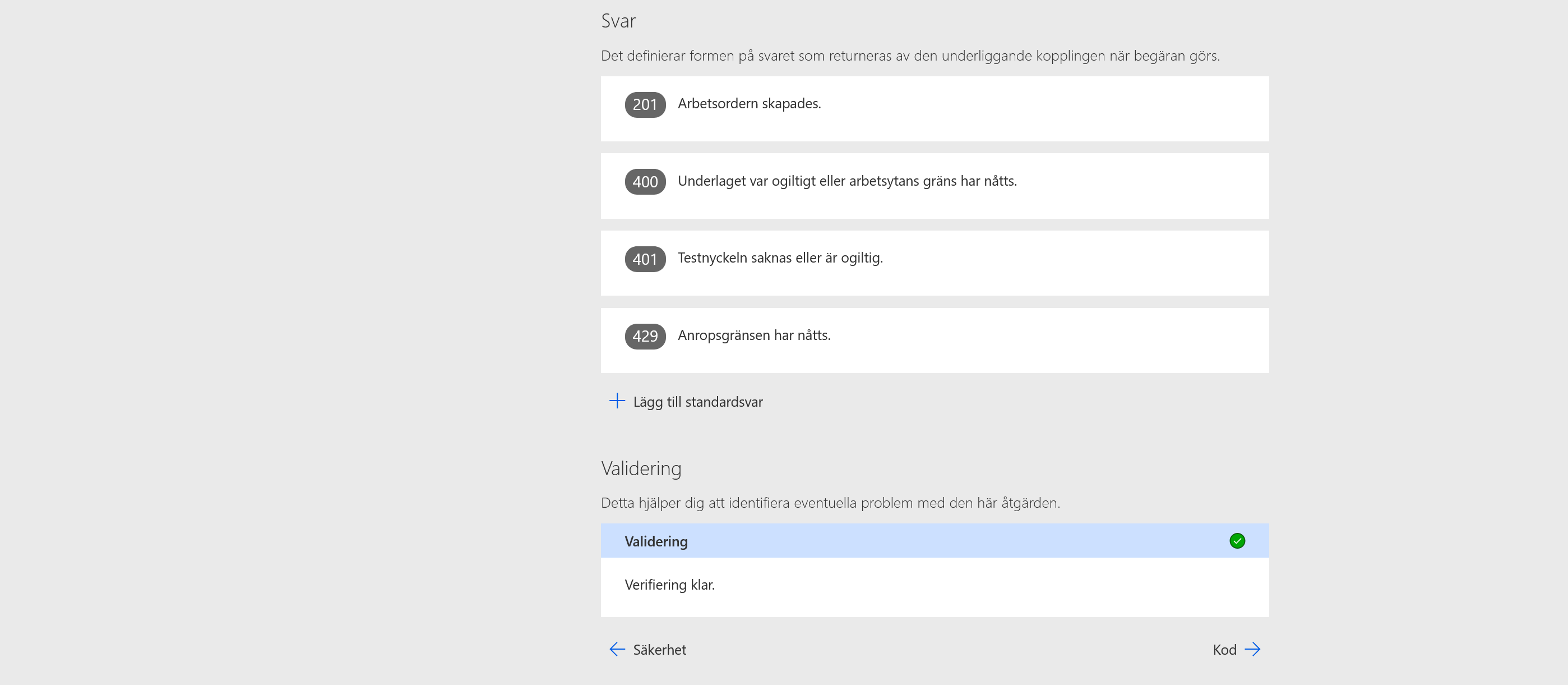 Svar och validering för CreateWorkOrder