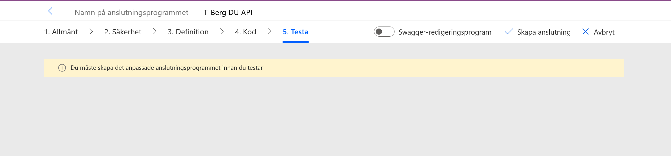 Testfliken innan det anpassade anslutningsprogrammet har skapats