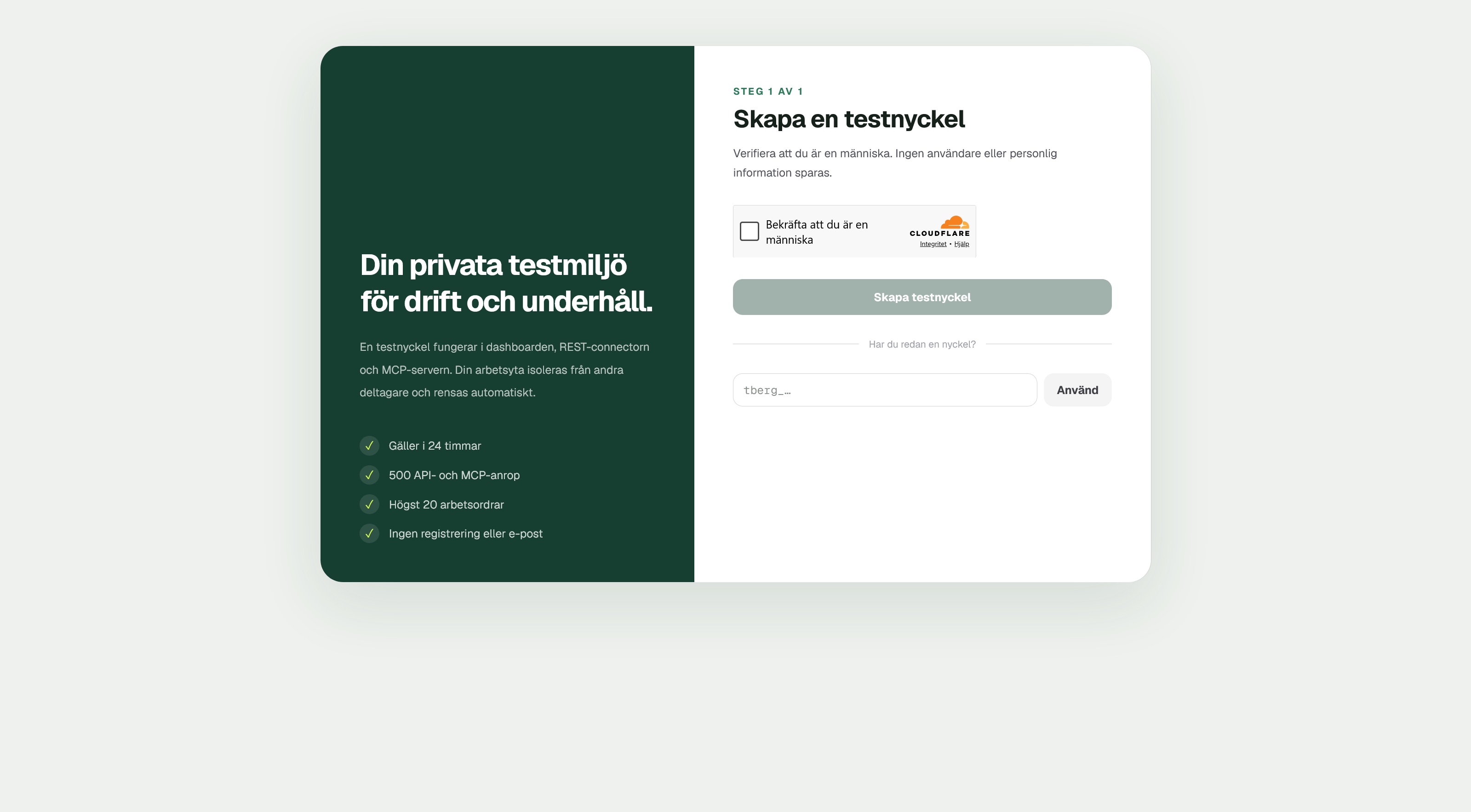 Startsidan i T-Berg D&U med verifiering och knappen Skapa testnyckel