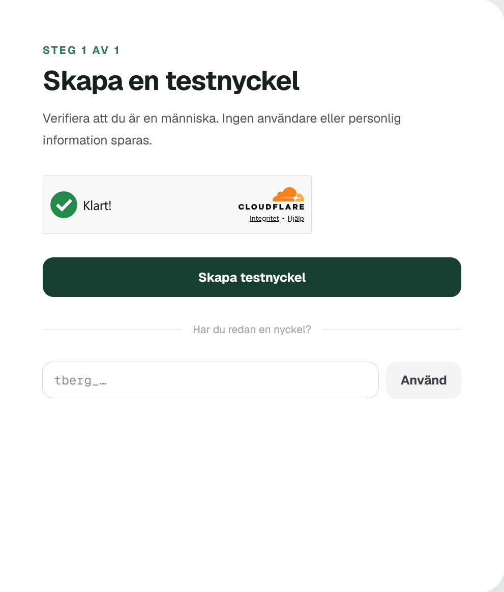 Verifieringen är klar och testnyckeln kan skapas