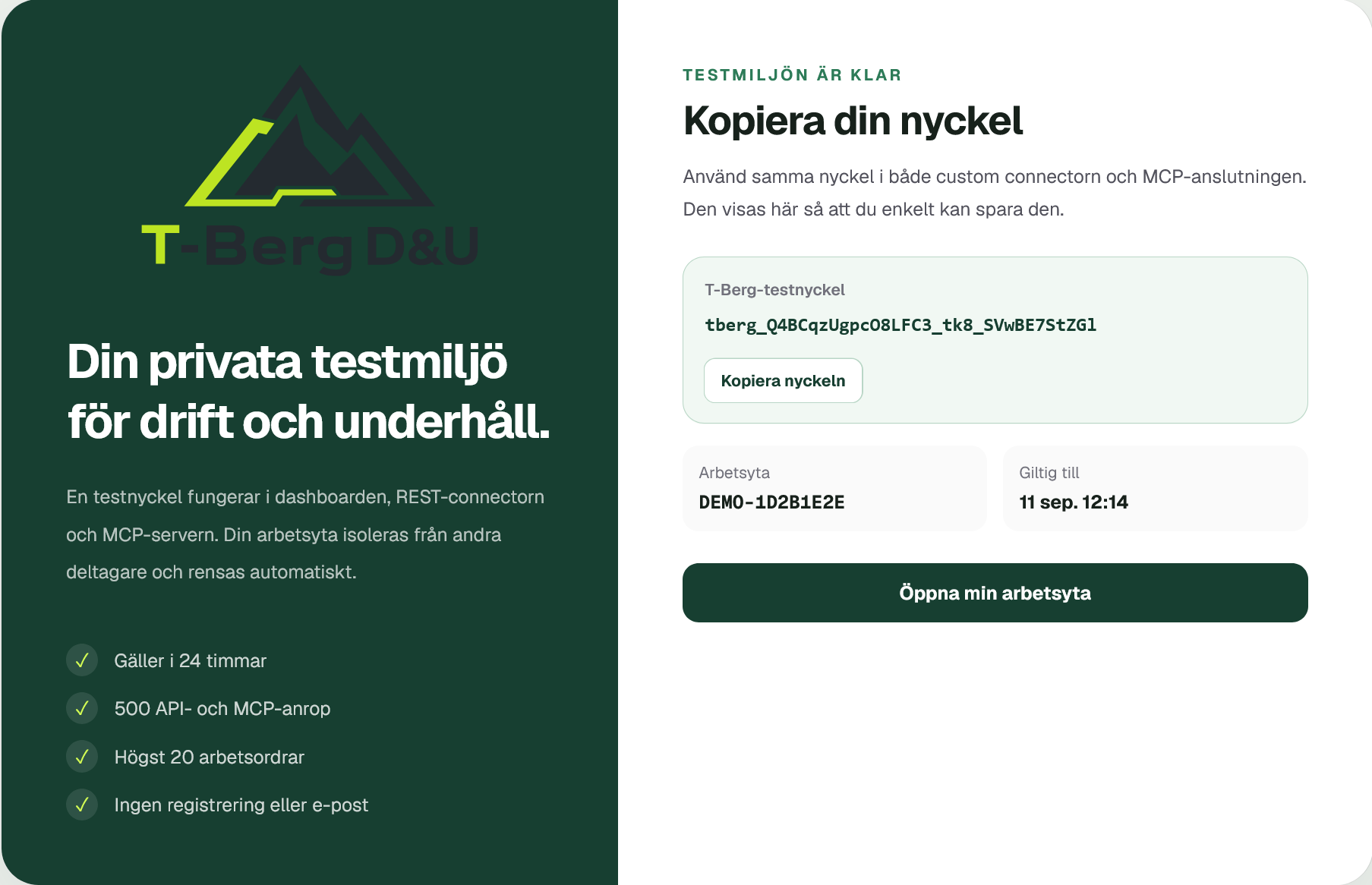 Den skapade testnyckeln med arbetsyta och giltighetstid