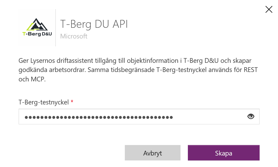 Dialogrutan för en ny T-Berg DU API-anslutning